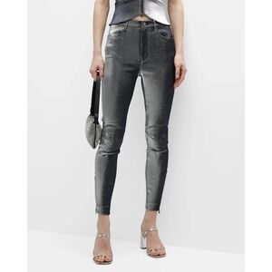 AREA Leggings Womens Size 6 Metallic Moto-knee Leggings In Silver Zip Leg Club‎
